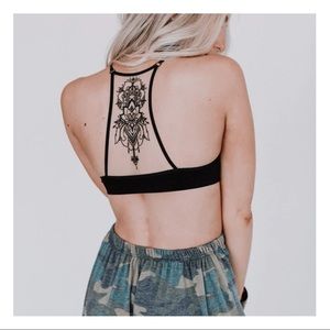 Boho Chic Tattoo Illusion Ribbed Deep V Bralette Bra Crop Yoga Bitch NWT